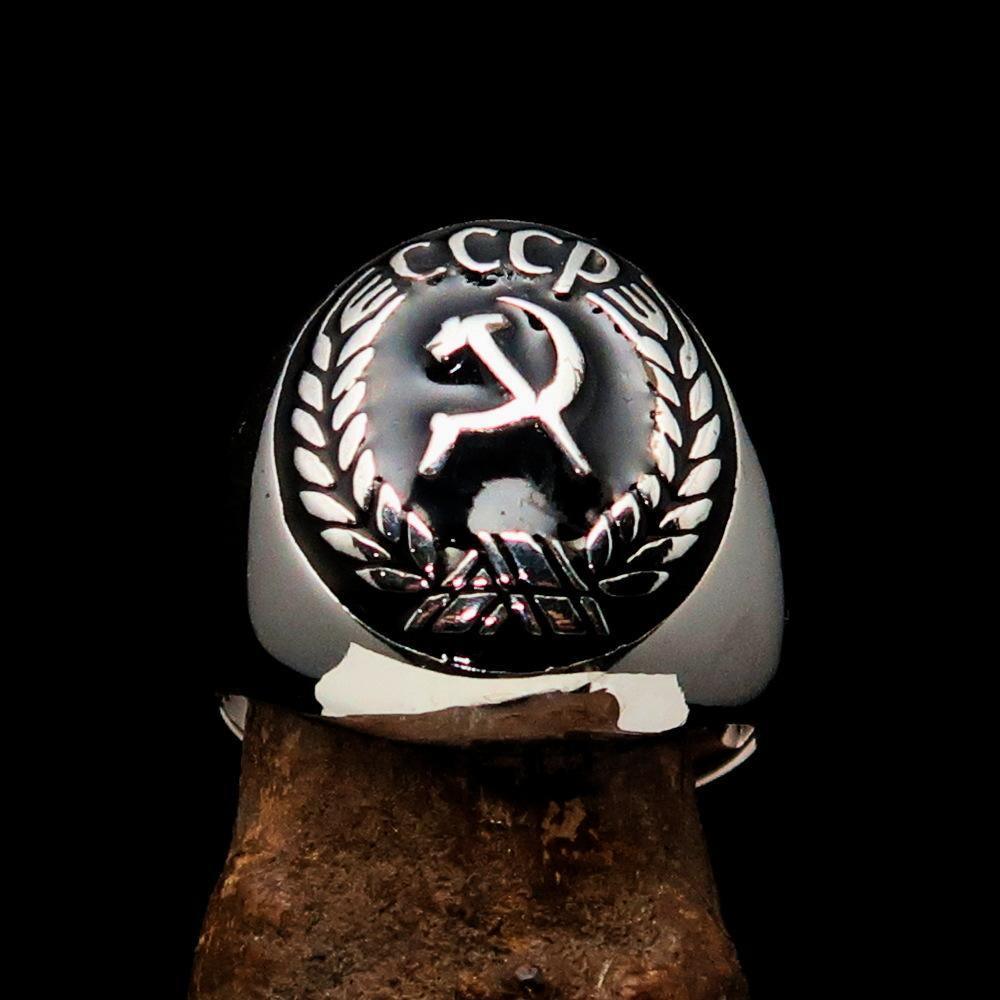 Men's CCCP Hammer and Sickle Crest Ring – Black Enamel & Sterling Silver
