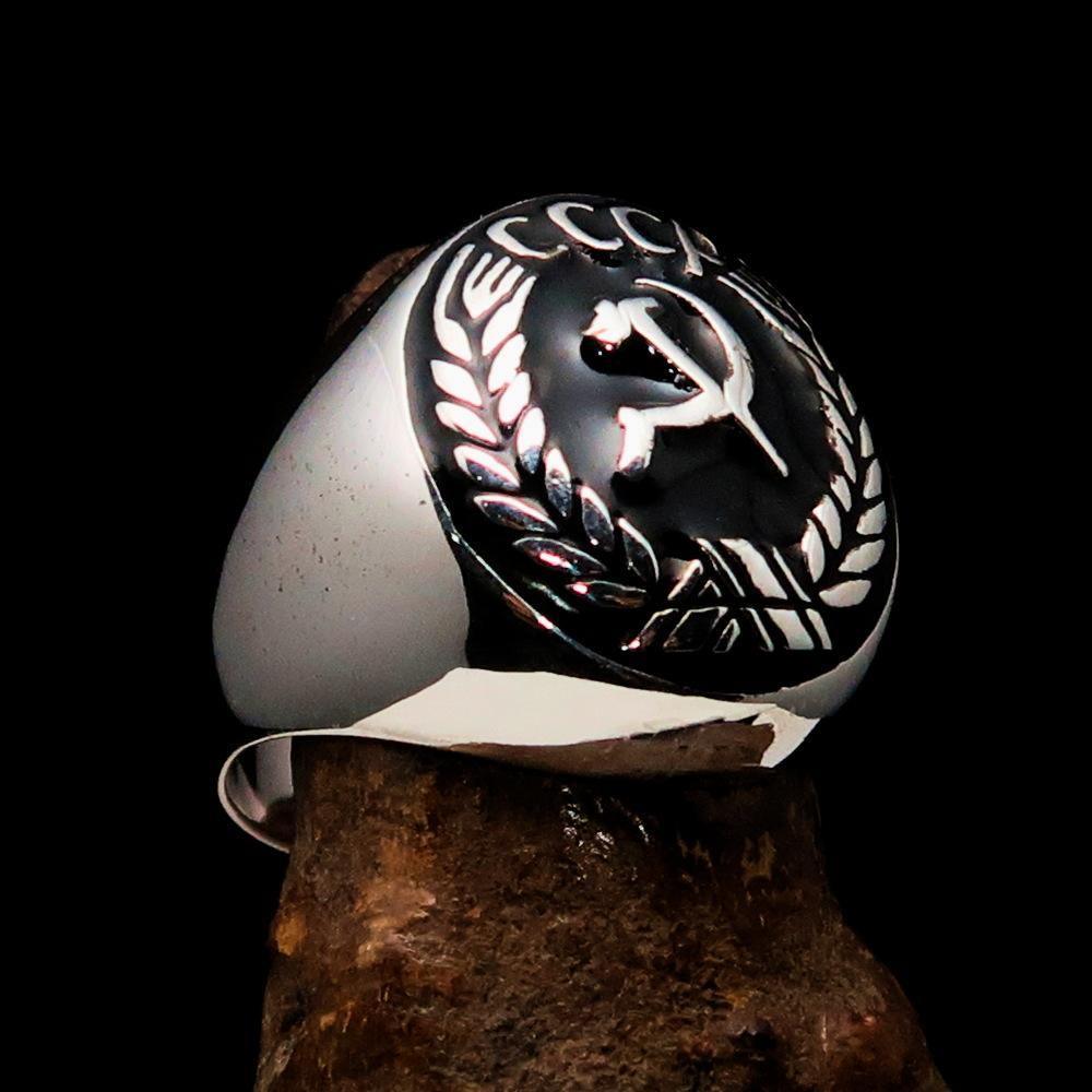 Men's CCCP Hammer and Sickle Crest Ring – Black Enamel & Sterling Silver
