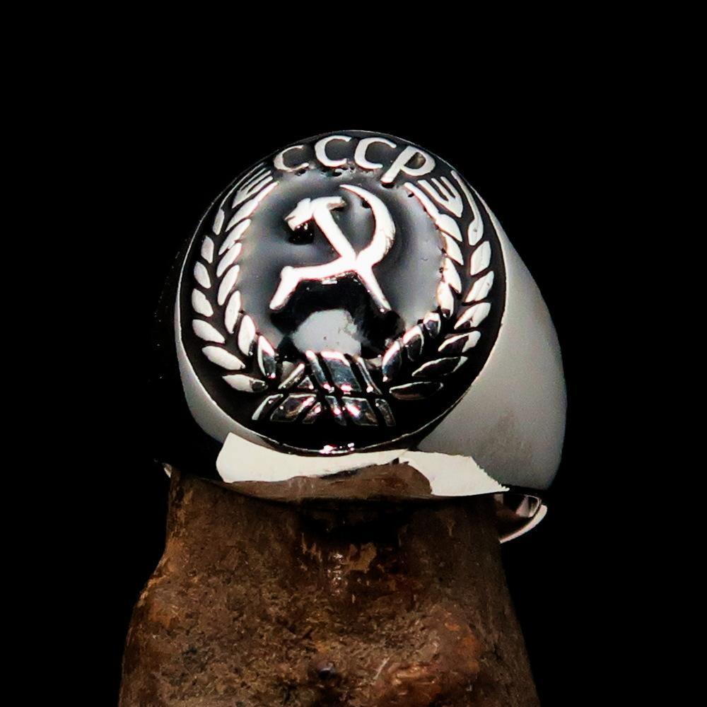Men's CCCP Hammer and Sickle Crest Ring – Black Enamel & Sterling Silver